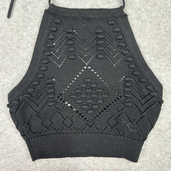 Hunter & Brown Halter Crop Top S Black Crochet Knit Backless Adjustable Tie-Back - Picture 3 of 11